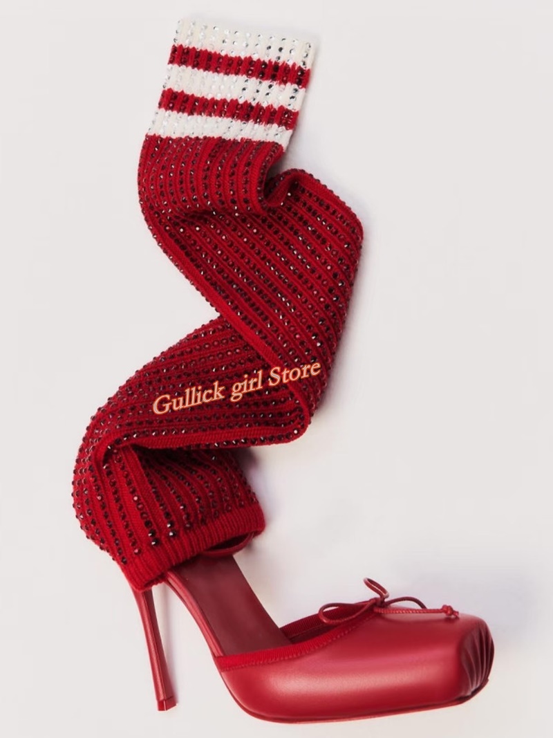 Knee High Sock Women - أحذية نسائية حمراء محبوكة بمقدمة مربعة